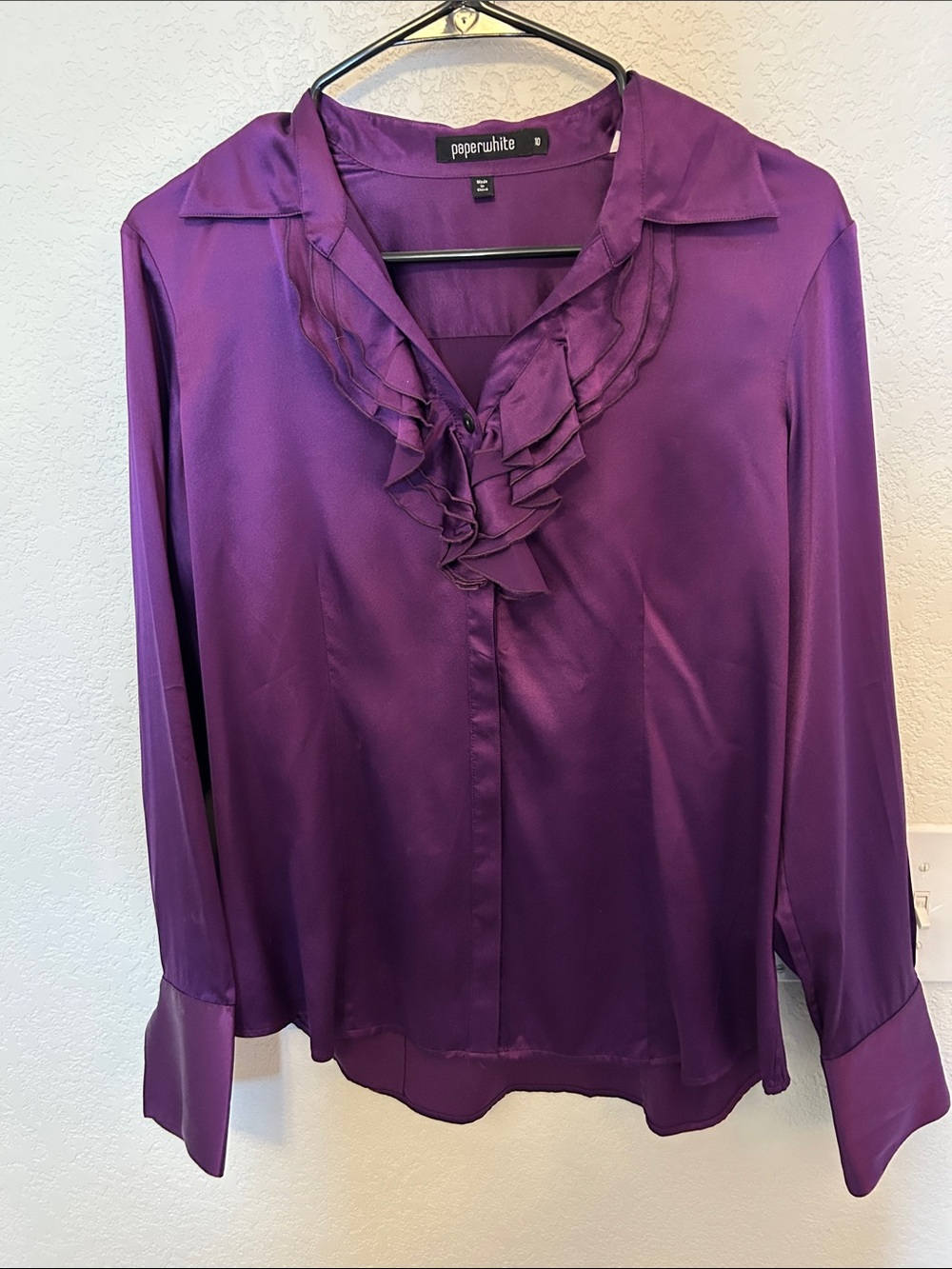 Source Unknown Deep Purple Ruffle Front Satin Blouse